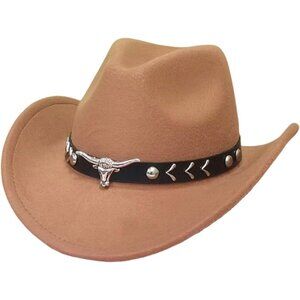 Unisex Beige 100% Polyester Bull Skull Band Fedora Classic Cowboy Felt Hat